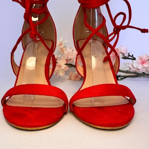 Red Lace-Up Strappy Sandals, Size 9 - Picture 5 of 10